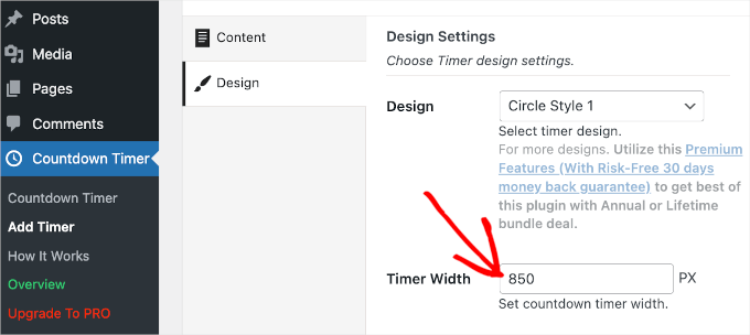 Setting the timer width in Countdown Timer Ultimate