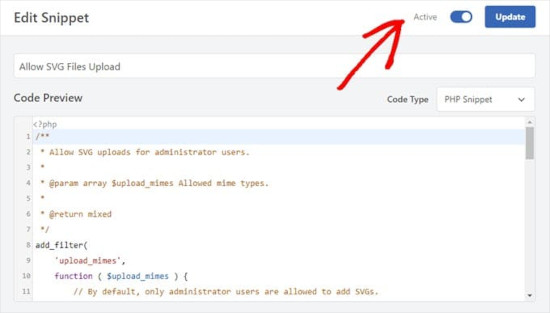 Activate the snippet and click update in WPCode