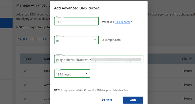 Adding TXT record in Bluehost