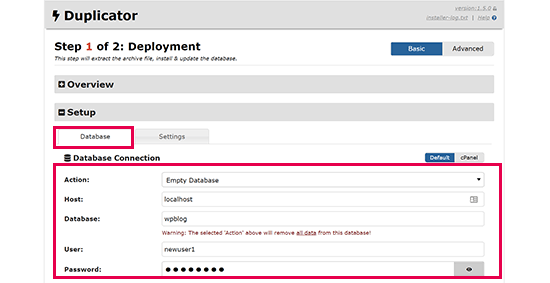 Duplicator migration wizard step 1