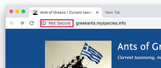 Not secure label shown in Google Chrome web browser