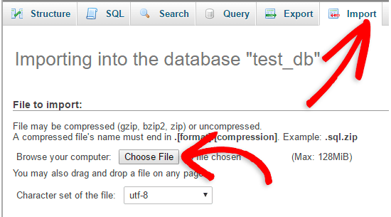 Import database via phpMyAdmin 