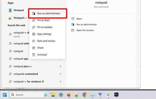 Run Notepad as administrator