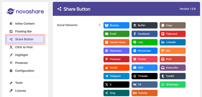 Choosing Social Buttons to Display When the Share Button Is Clicked in Novashare