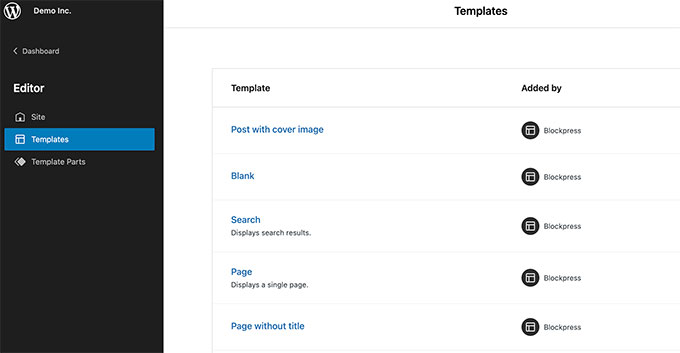 Templates in site editor