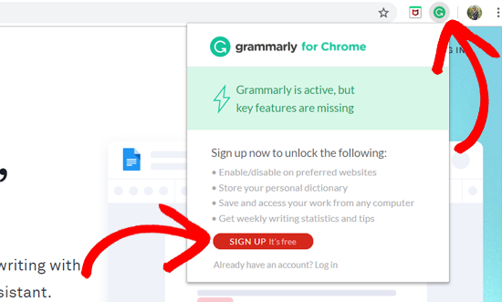 Chrome 上的 Grammarly 扩展 - 注册