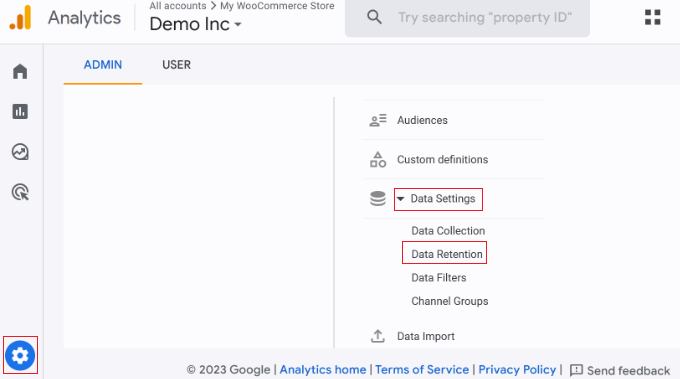 Open data retention settings