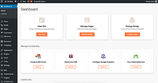 SiteGround custom WordPress admin dashboard