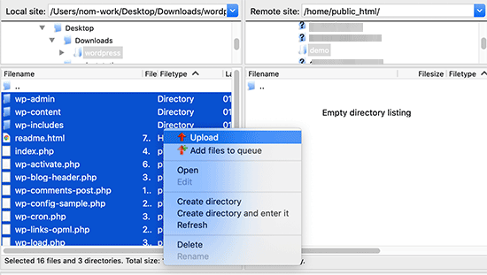 uploading WordPress files using an FTP client