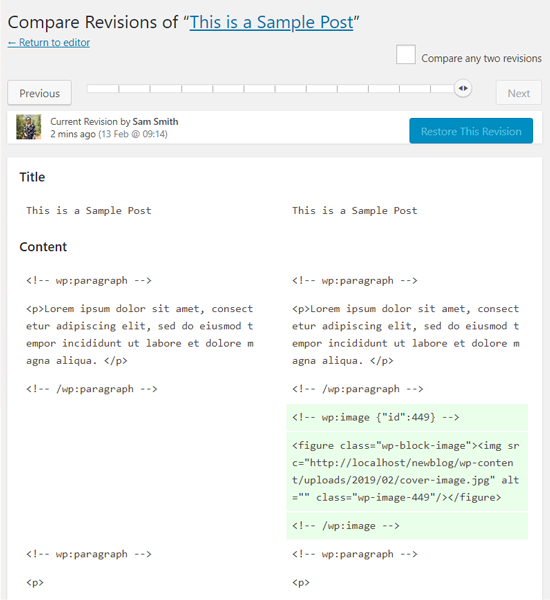 WordPress Post revision screen