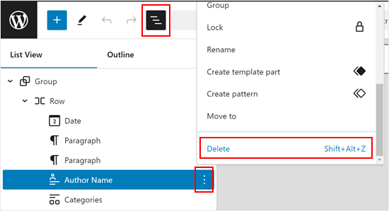 Removing the author name block in the post meta template part with full-site editor