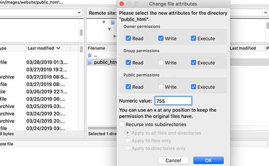 Modification des autorisations de fichiers via FTP