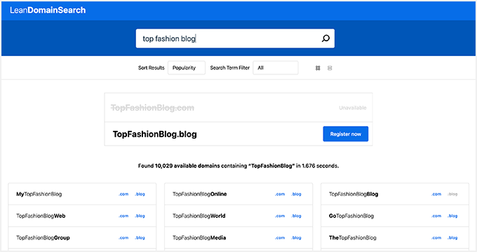 Lean Domain Search - Blog Name Generator Search Results