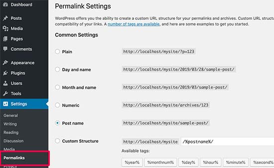 Página de configuración de Permalinks