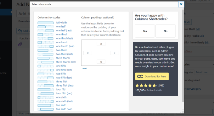 Select shortcode for columns