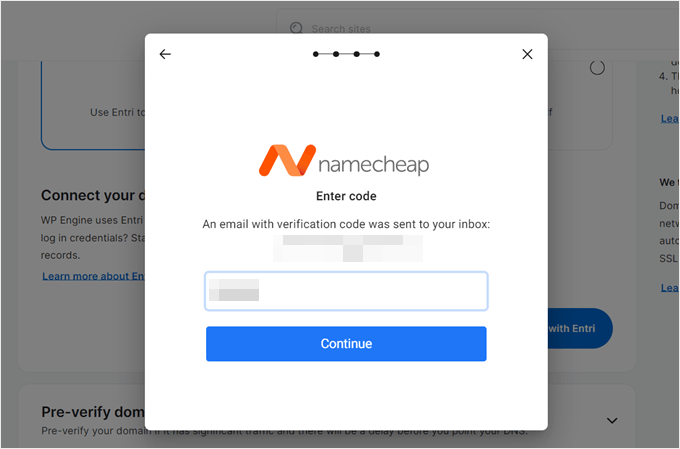 Entering Namecheap verification code in WP Engine