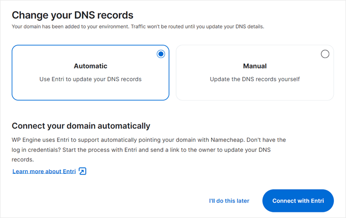 Choosing automatic DNS setup in WP Engine