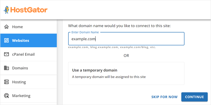 Entering a domain name in HostGator