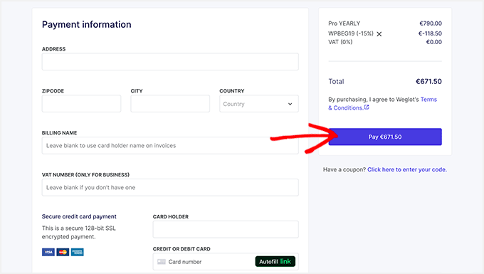 Weglot checkout and add payment information