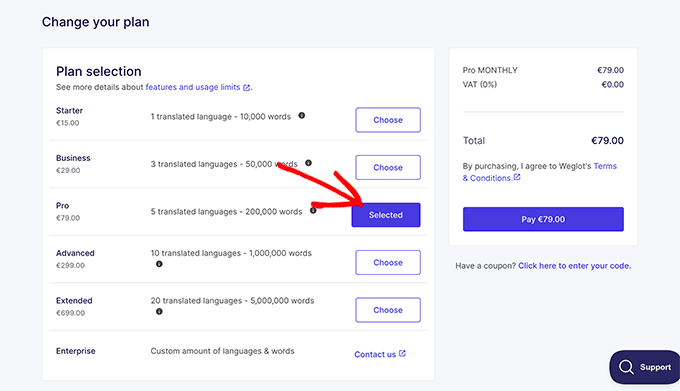 Weglot pricing plan