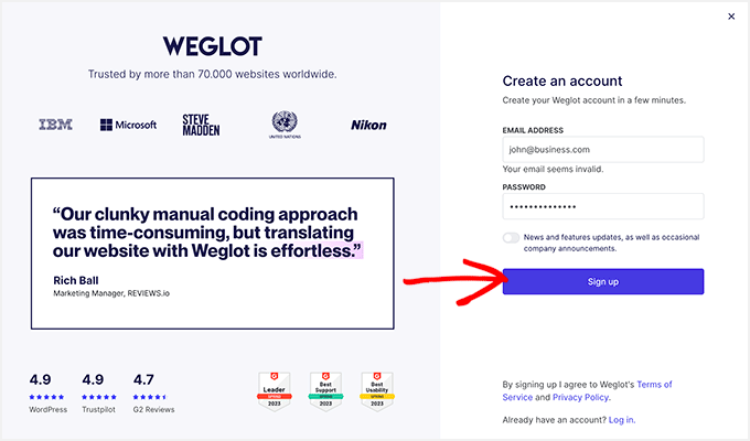 Weglot signup page