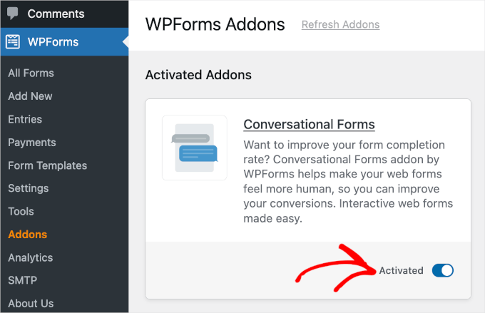 WPForms Conversational Forms addon active