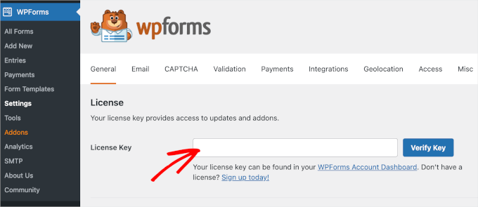WPForms license key field