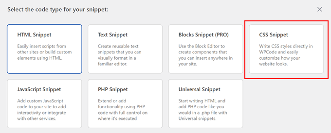 Choosing CSS Snippet in WPCode