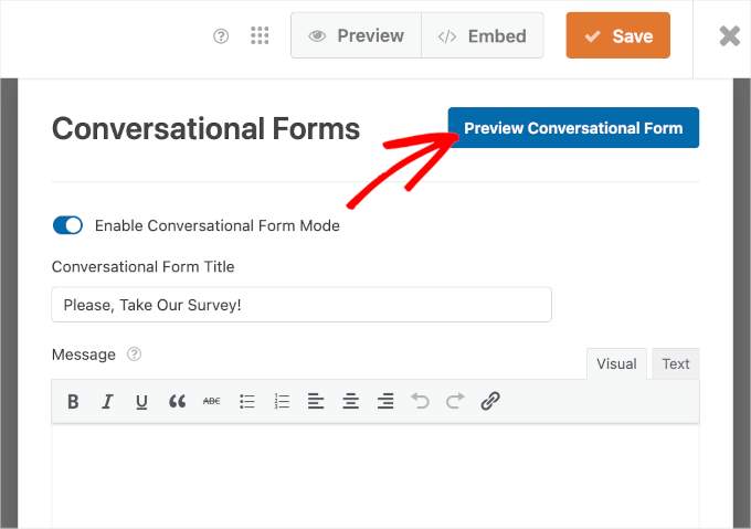 Preview button for Conversational Forms WordPress