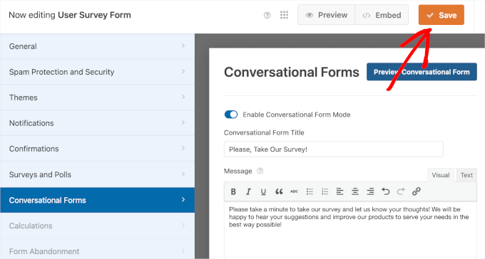 Save Conversational Form Landing Page Options