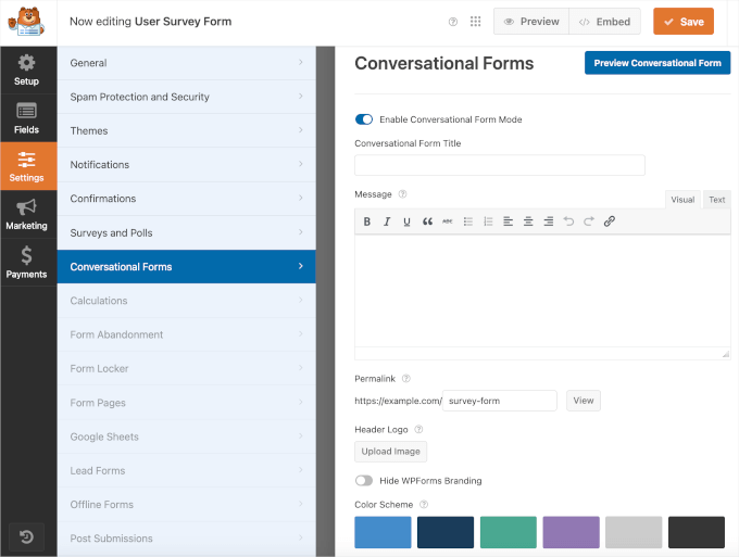 WPForms' Conversational Form customization options