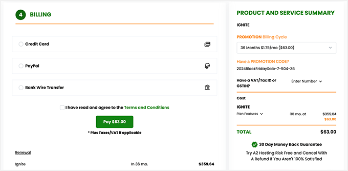 A2 Hosting Checkout and Pay