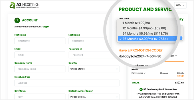 A2 Hosting Checkout Page