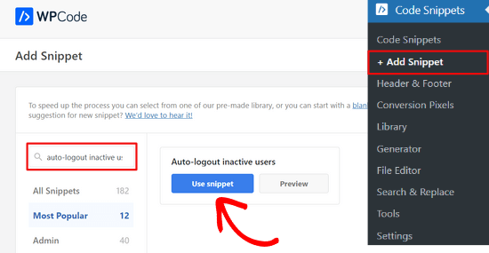 Select the Auto-logout inactive users snippet from the library