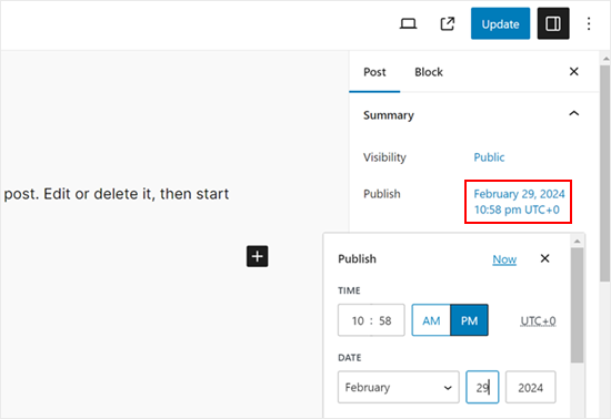 Updating a blog post's publishing date in the block editor