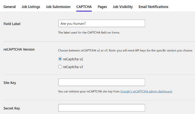 Change captcha settings