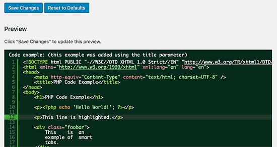 Aperçu du bloc de code