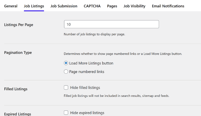 Edit job listings settings