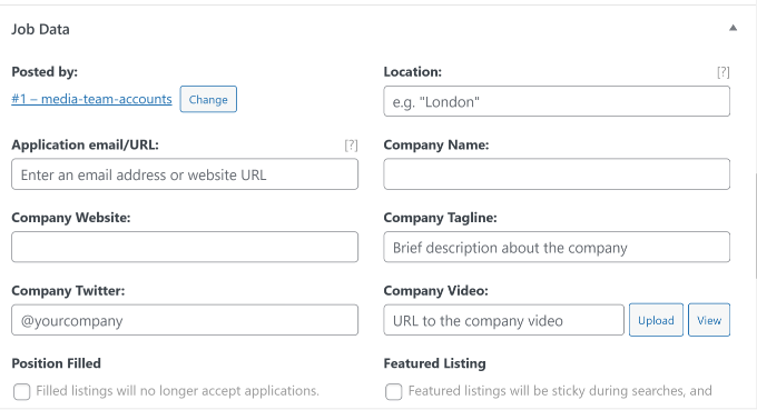 Enter job data details