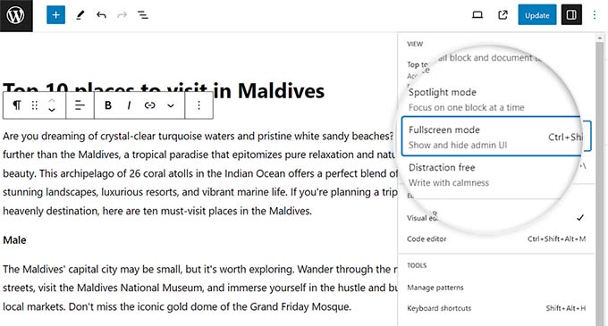 Full screen mode is already enabled. You can now use the fullscreen editor in WordPress
