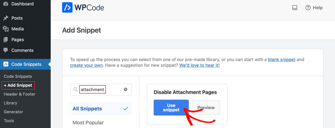 The WPCode Library Includes a Snippet to Disable Attachment Pages