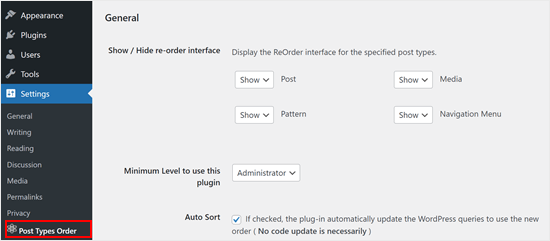 Opening the Post Types Order plugin settings