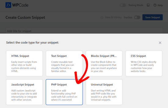 Select PHP Snippet as the code type