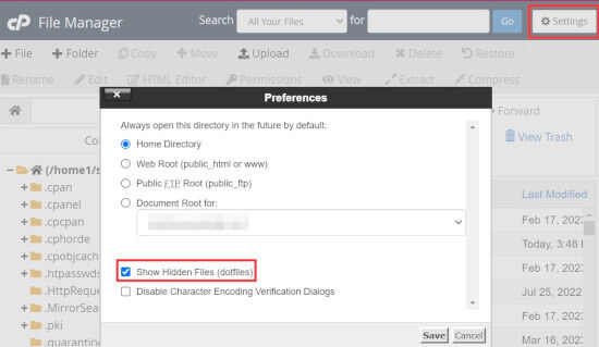 Show hidden files in cPanel