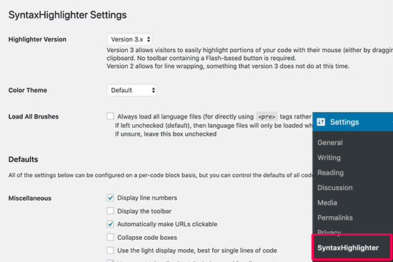 Paramètres SyntaxHighlighter