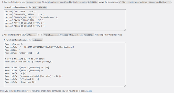 Add WordPress multisite configuration rules to wp-config and .htaccess files