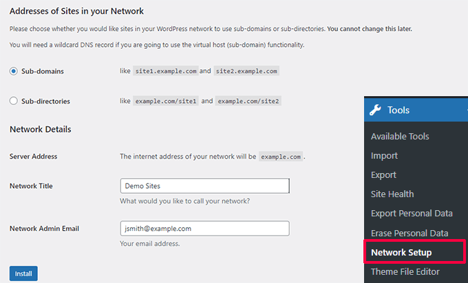 WordPress multisite network setup