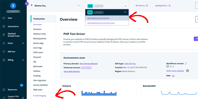 Click to add staging environment in WP Engine