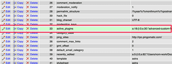 Active plugins row in the WordPress database