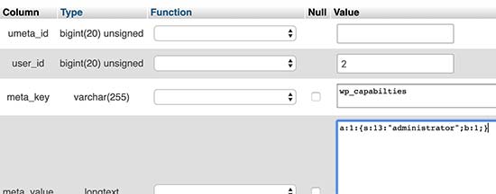 Adding administrator user role via usermeta